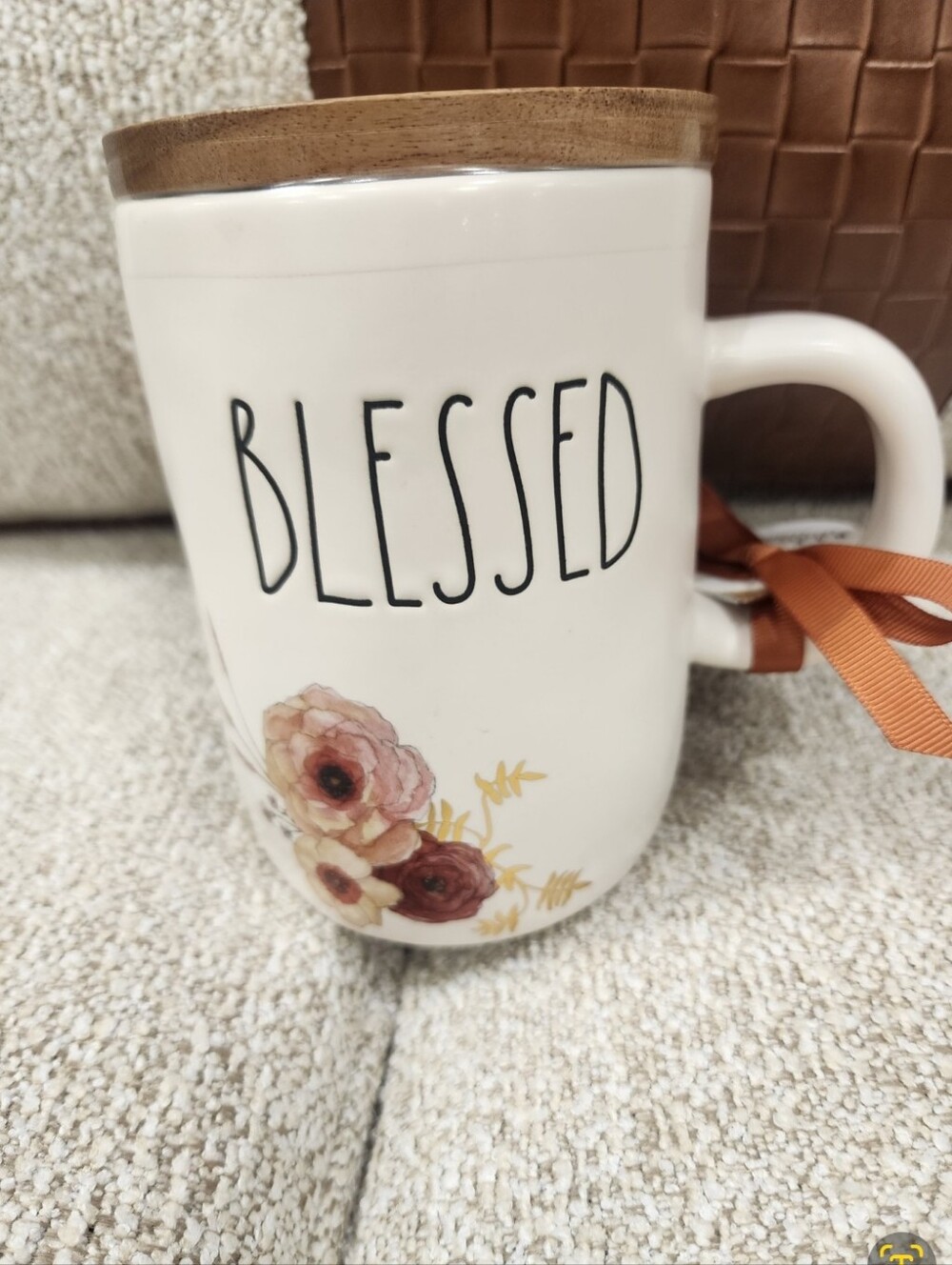 Rae Dunn Blessed Floral Ceramic Mug with Bamboo Lid - White